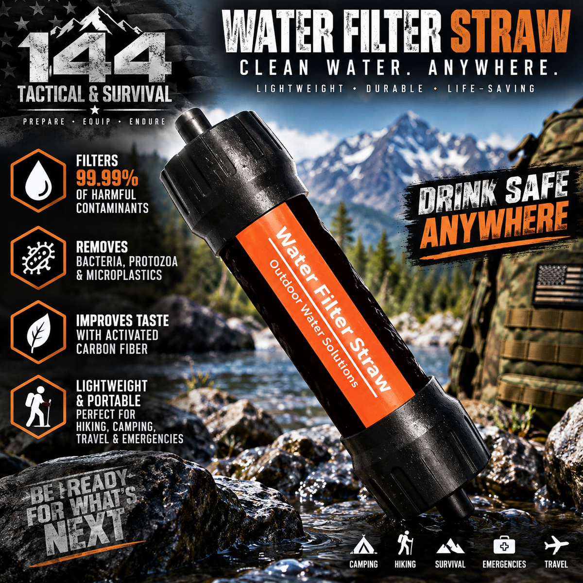 144 Tactical Compact Emergency Water Filter Straw