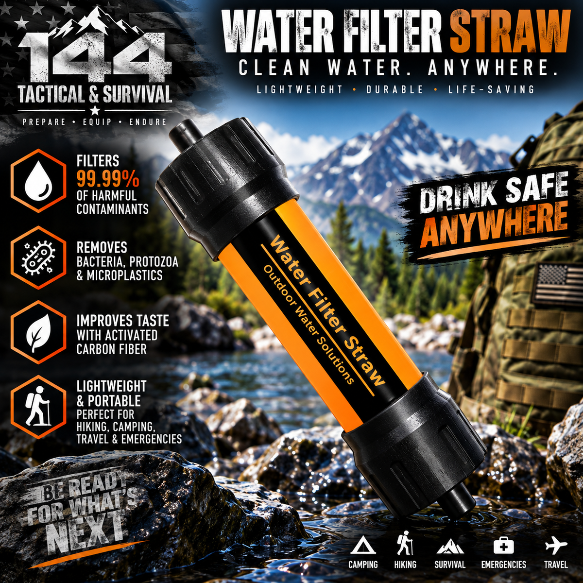 144 Tactical Compact Emergency Water Filter Straw