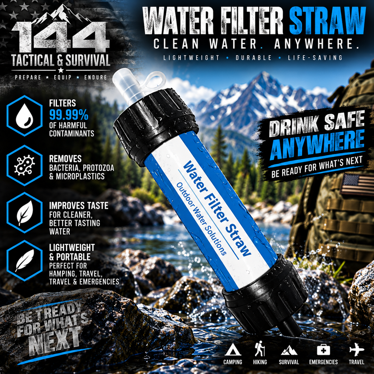 144 Tactical Compact Emergency Water Filter Straw