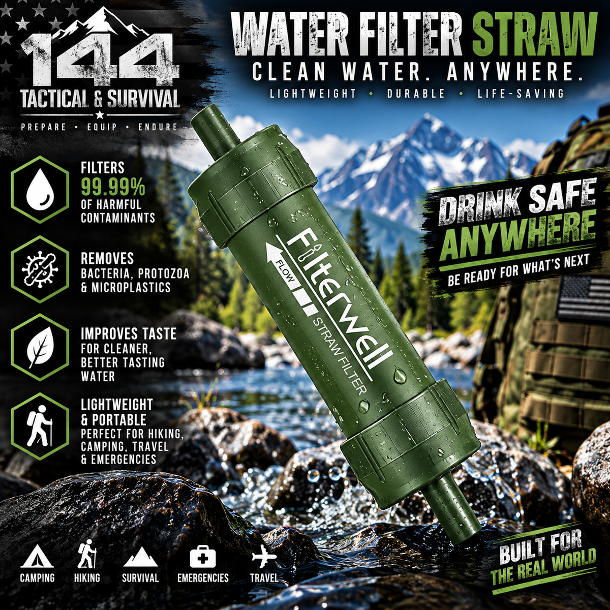144 Tactical Compact Emergency Water Filter Straw