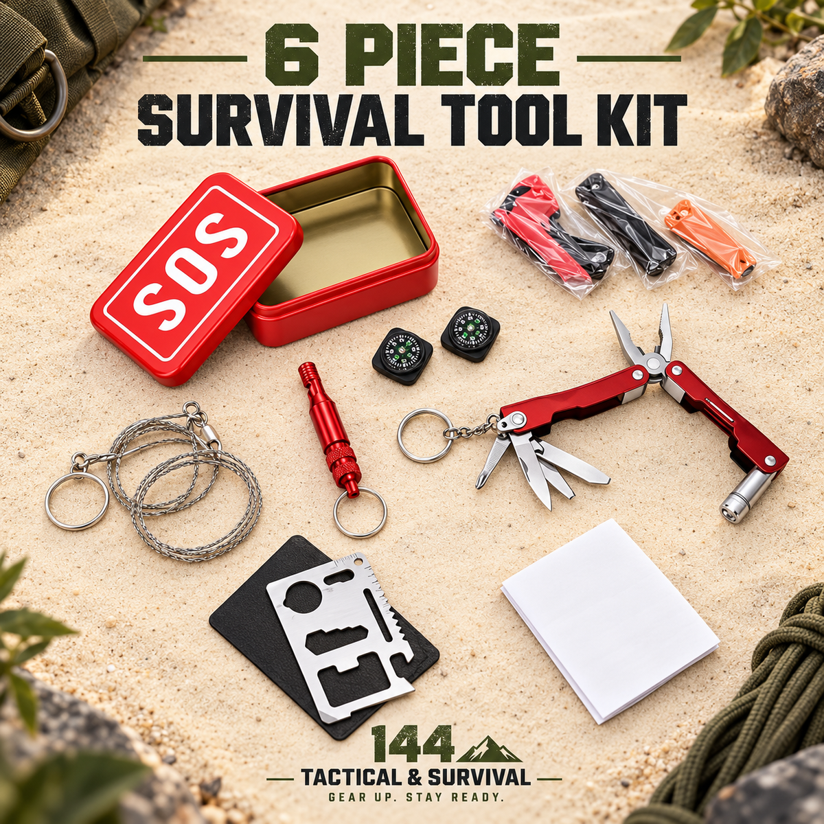 6-Piece SOS Survival Tool Kit with Compact Storage Tin