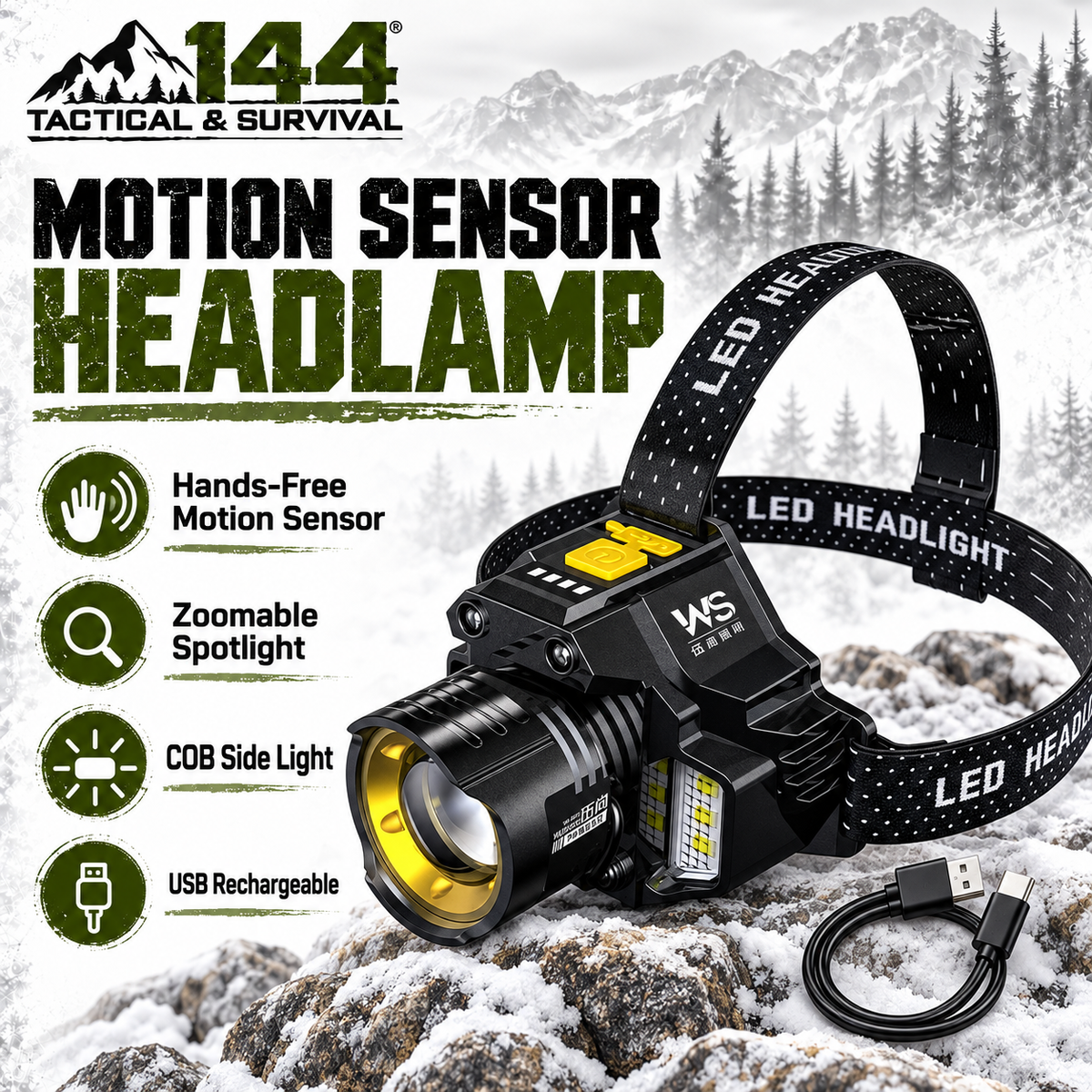 Rechargeable Motion Sensor LED Headlamp with COB Light