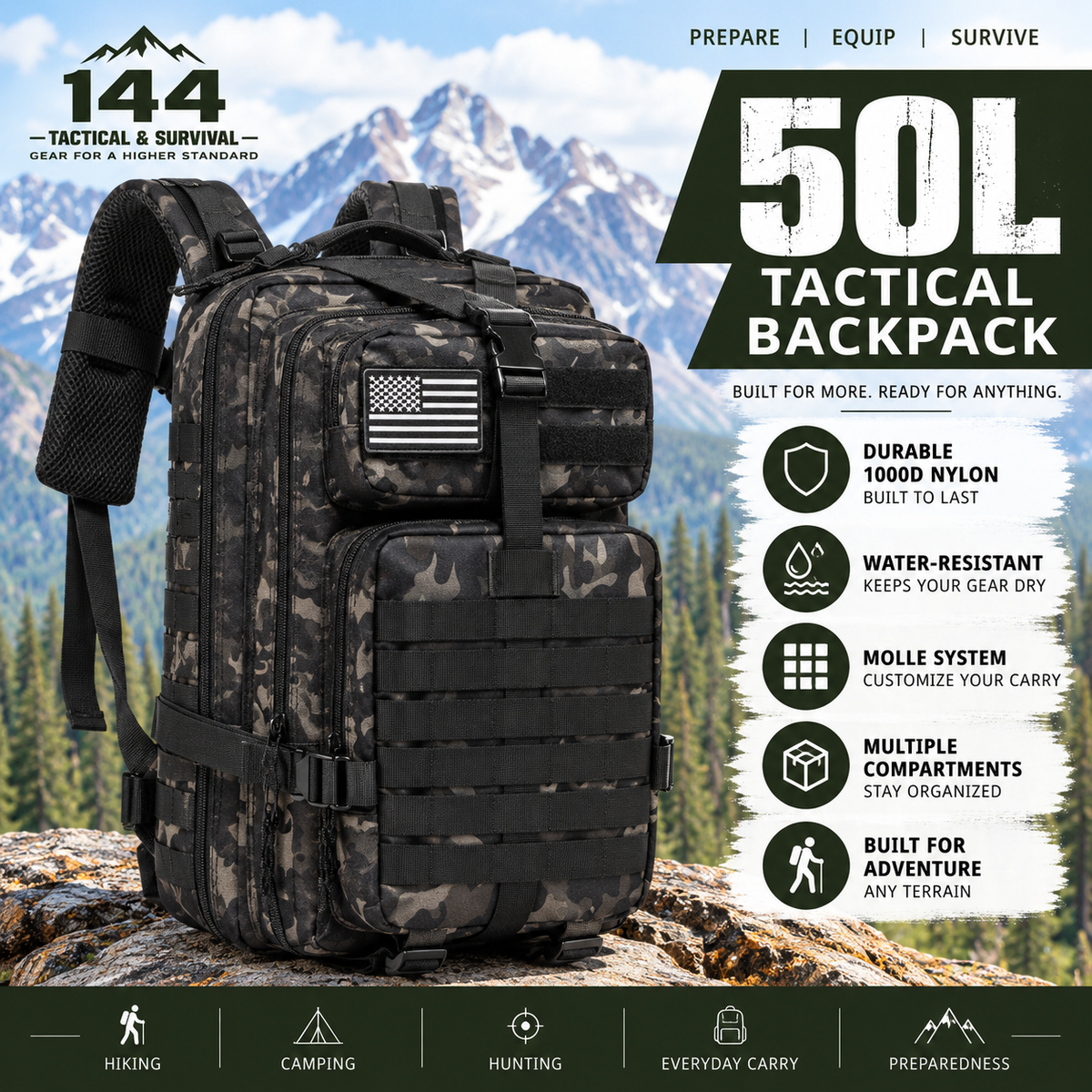 MOLLE Tactical Assault Backpack 1000D– 25L & 50L