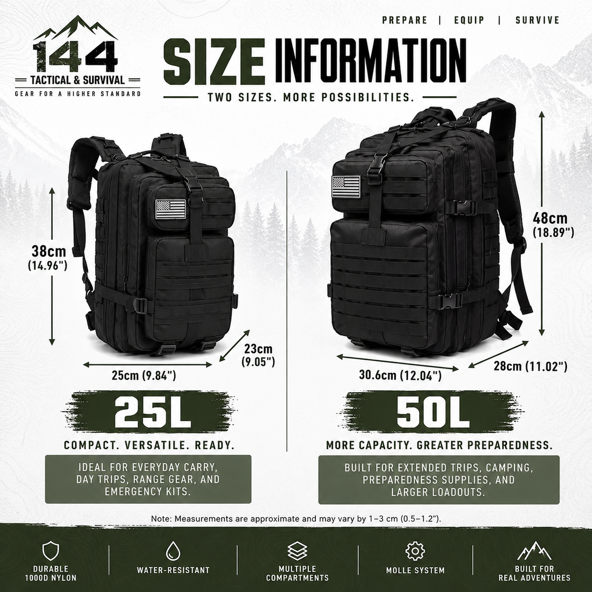 MOLLE Tactical Assault Backpack 1000D– 25L & 50L
