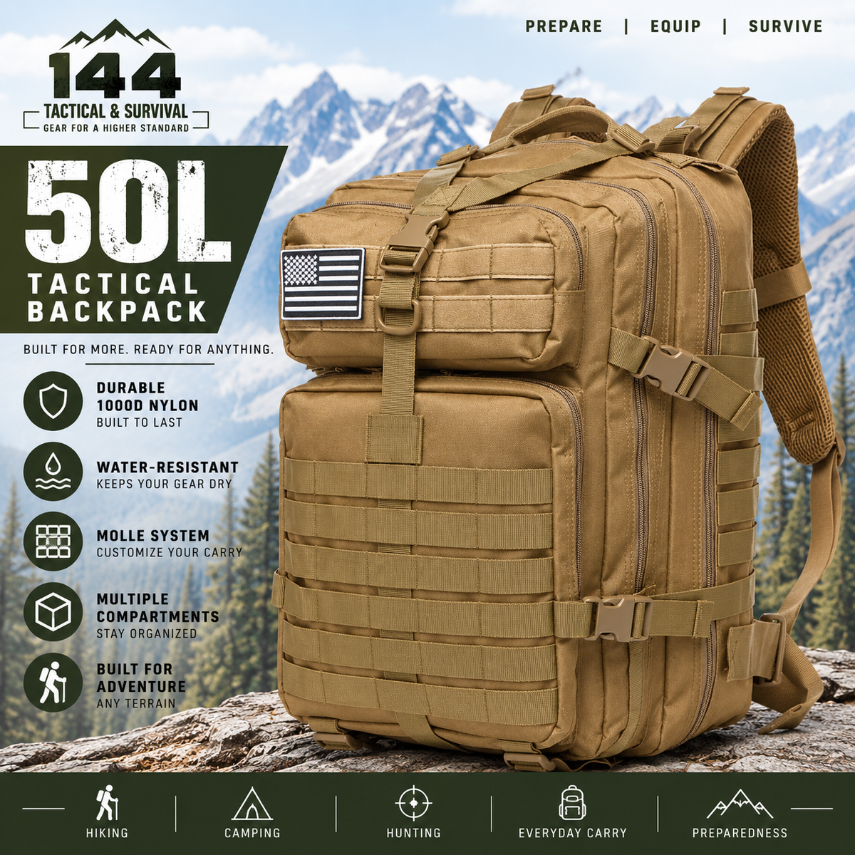 MOLLE Tactical Assault Backpack 1000D– 25L & 50L