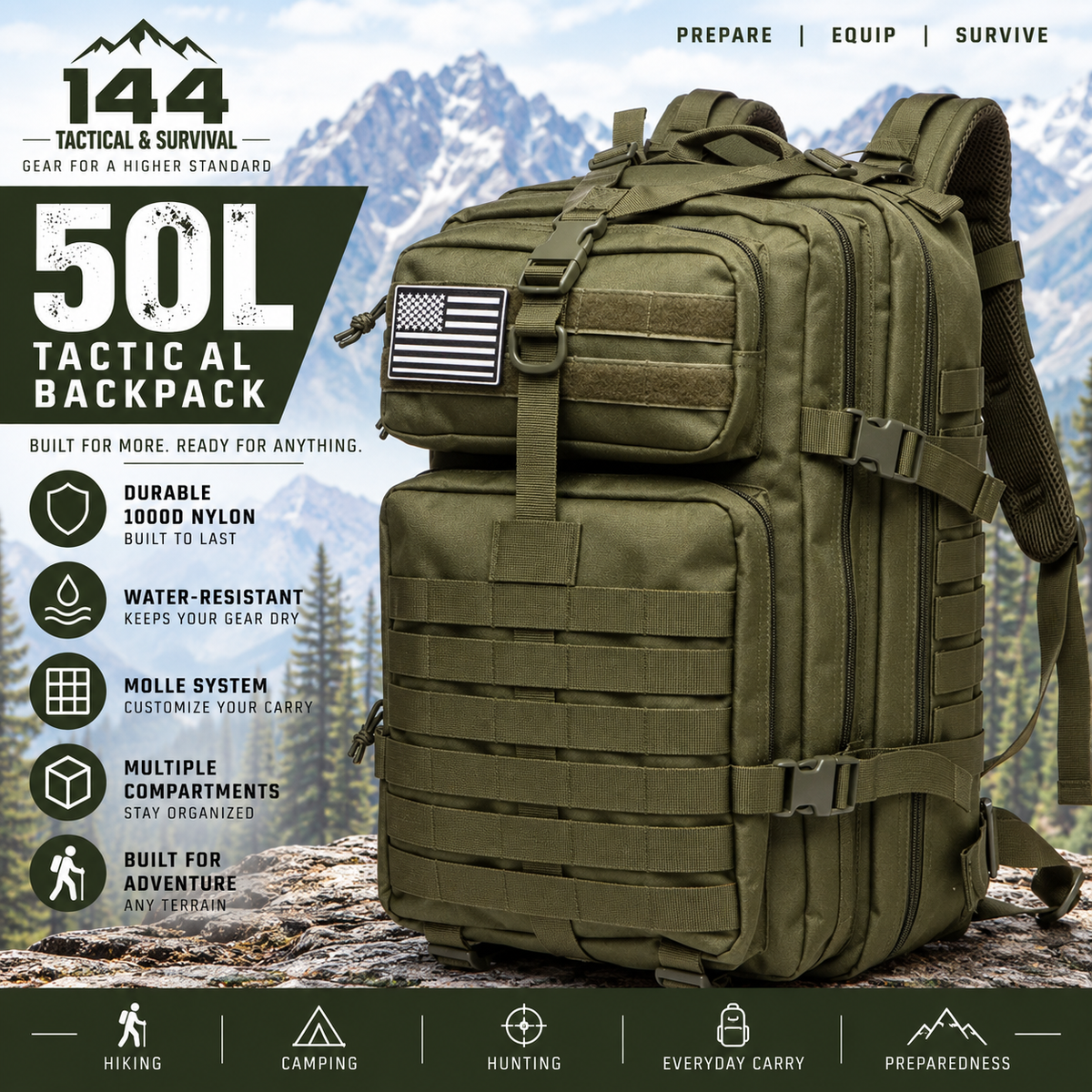 MOLLE Tactical Assault Backpack 1000D– 25L & 50L