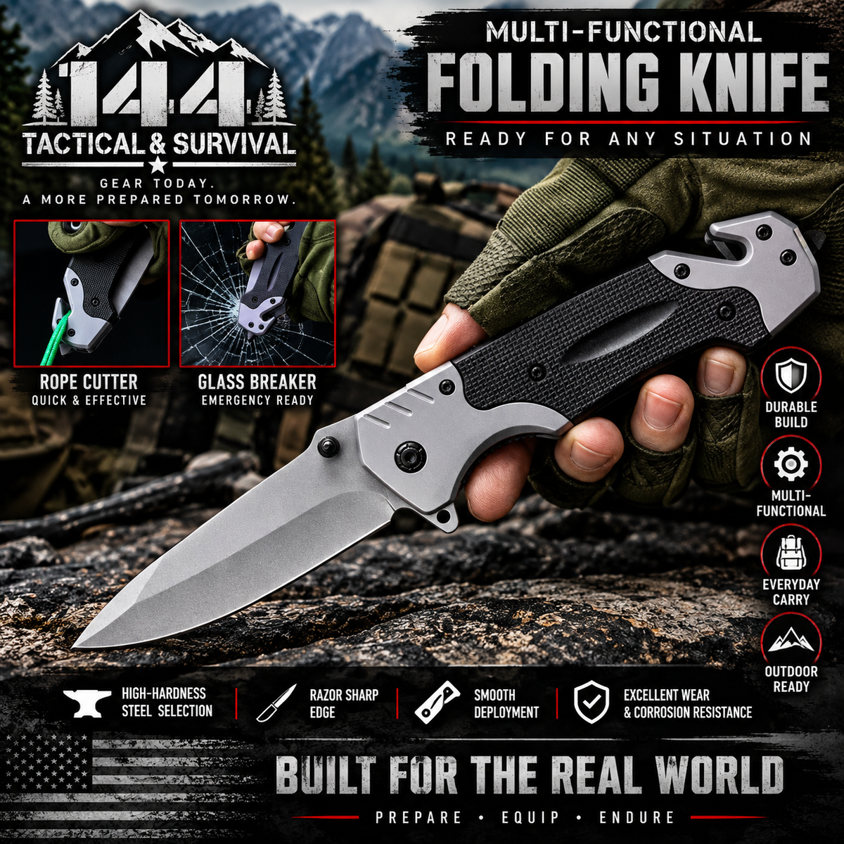 EDC, Tactical Spring Assisted Folding Rescue Pocket Knife. Integrated Glass Breakerand Seatbelt Cutter.