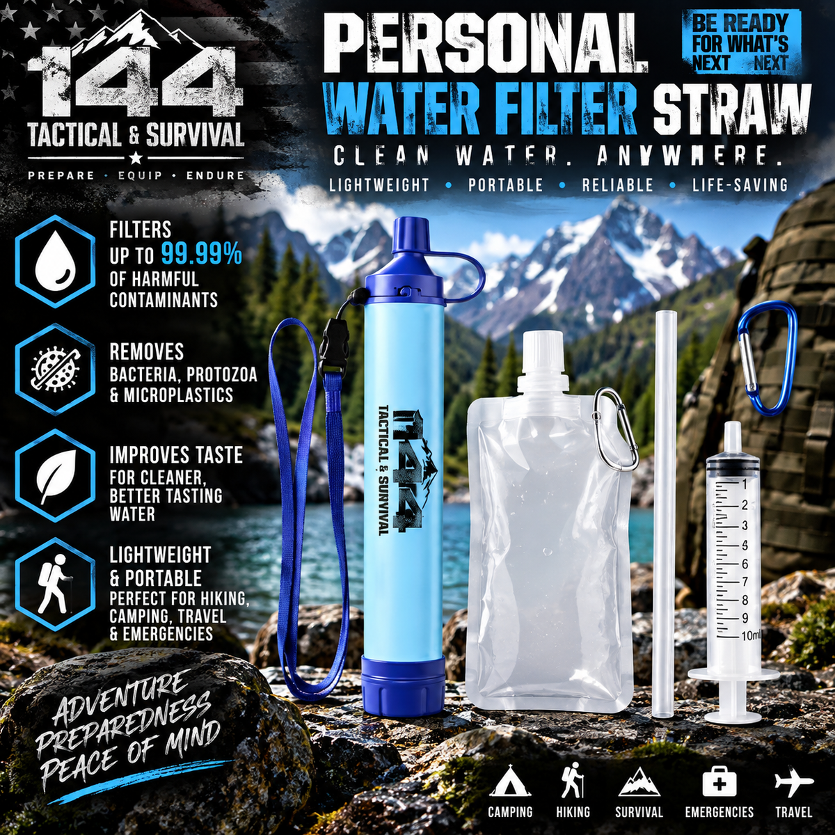 144 Tactical Personal Water Filter Straw – 4-Stage 0.01 Micron Emergency Water Filtration System