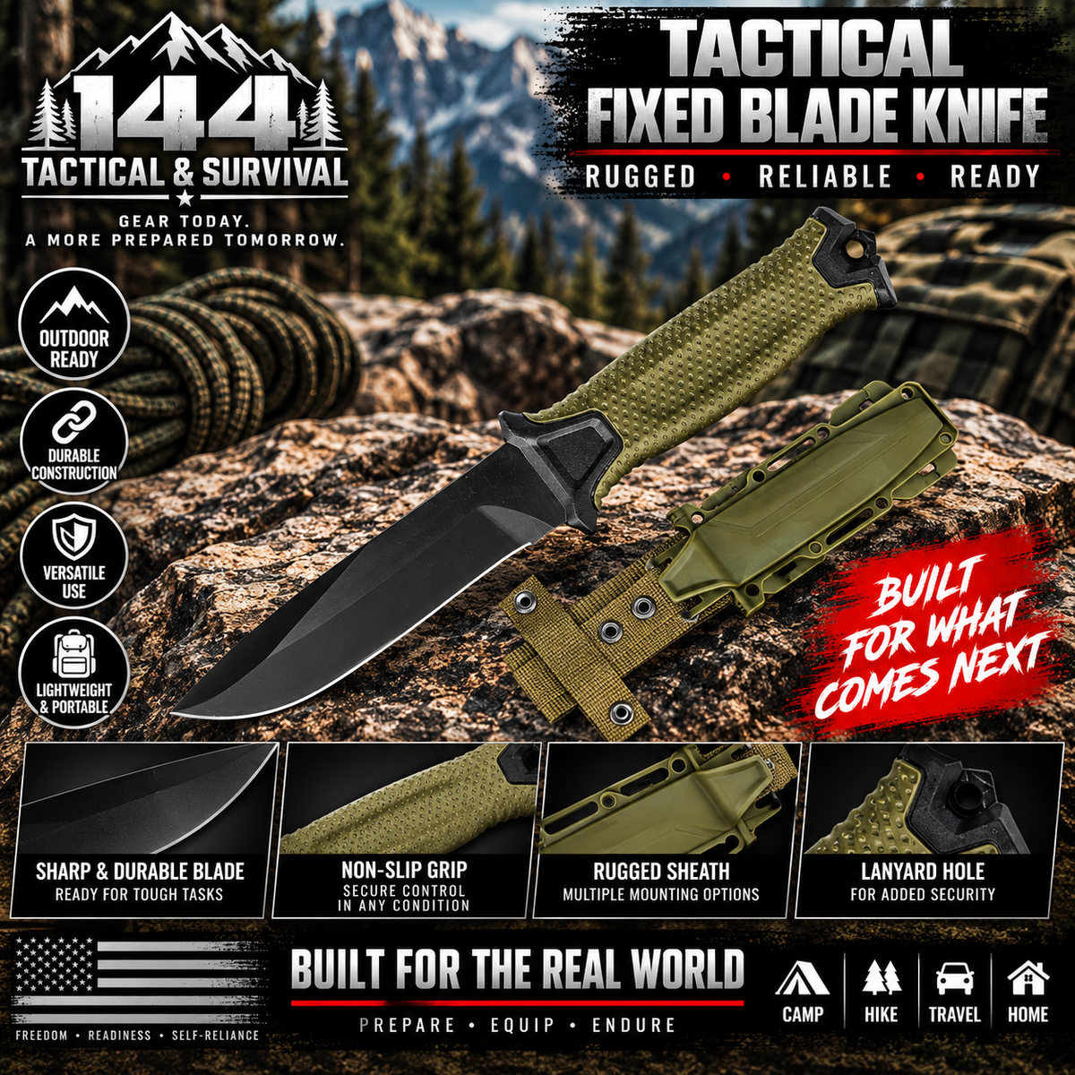 144 Tactical Fixed-Blade Survival Knife with Molle Sheath.