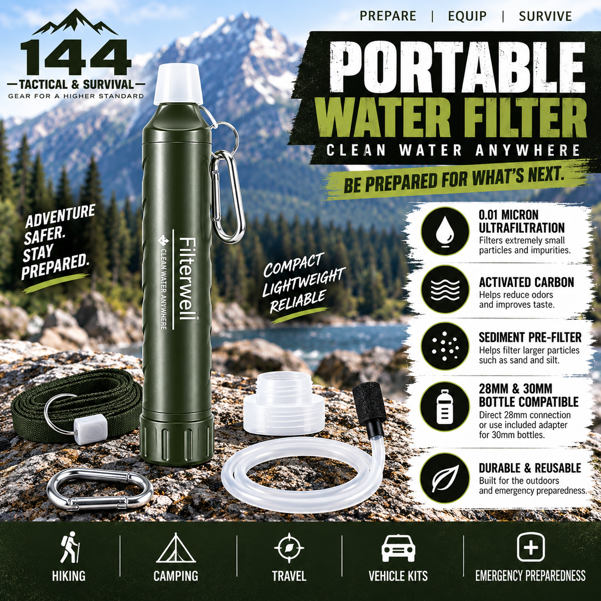 Filterwell Portable Water Filter Straw | Emergency & Survival Water Filtration System