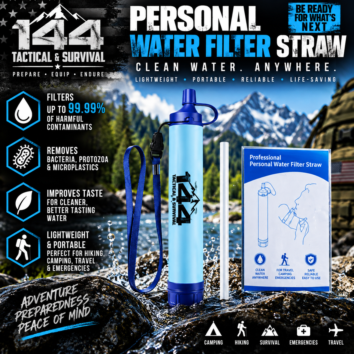144 Tactical Personal Water Filter Straw – 4-Stage 0.01 Micron Emergency Water Filtration System