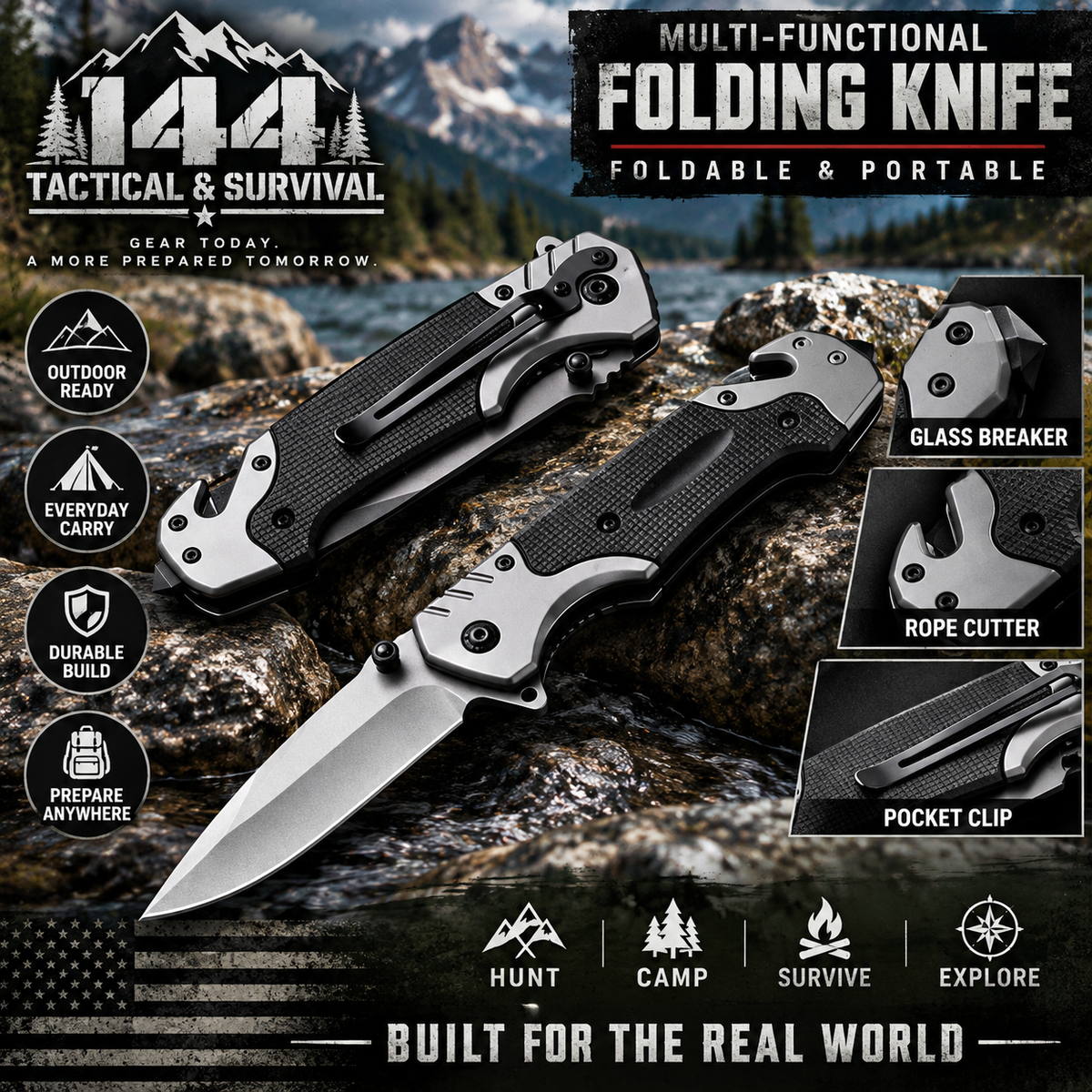 EDC, Tactical Spring Assisted Folding Rescue Pocket Knife. Integrated Glass Breakerand Seatbelt Cutter.
