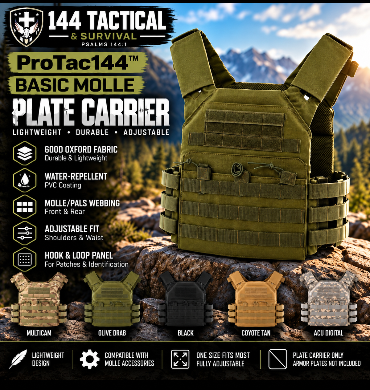 144 Basic MOLLE Plate Carrier – Adjustable 600D Tactical Vest