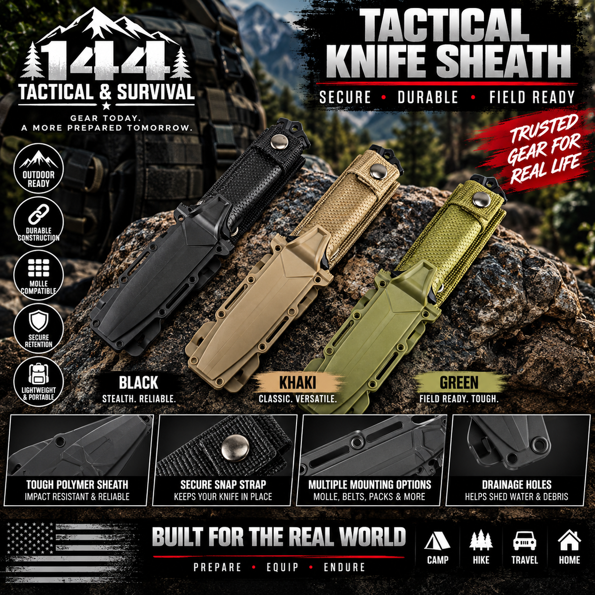 144 Tactical Fixed-Blade Survival Knife with Molle Sheath.
