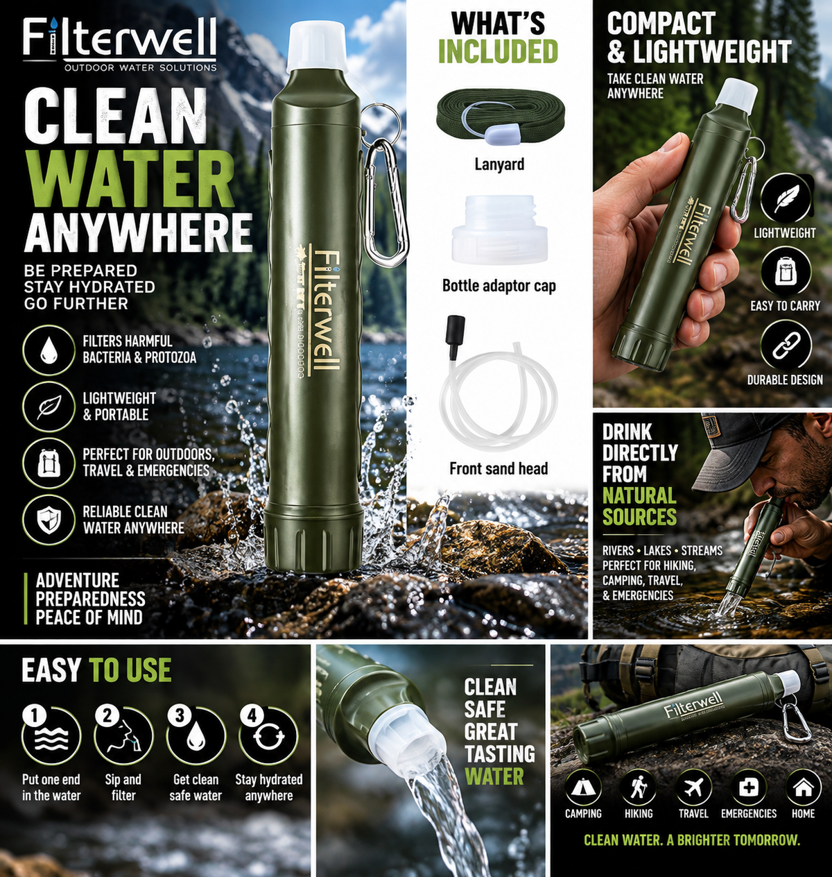 Filterwell Portable Water Filter Straw | Emergency & Survival Water Filtration System