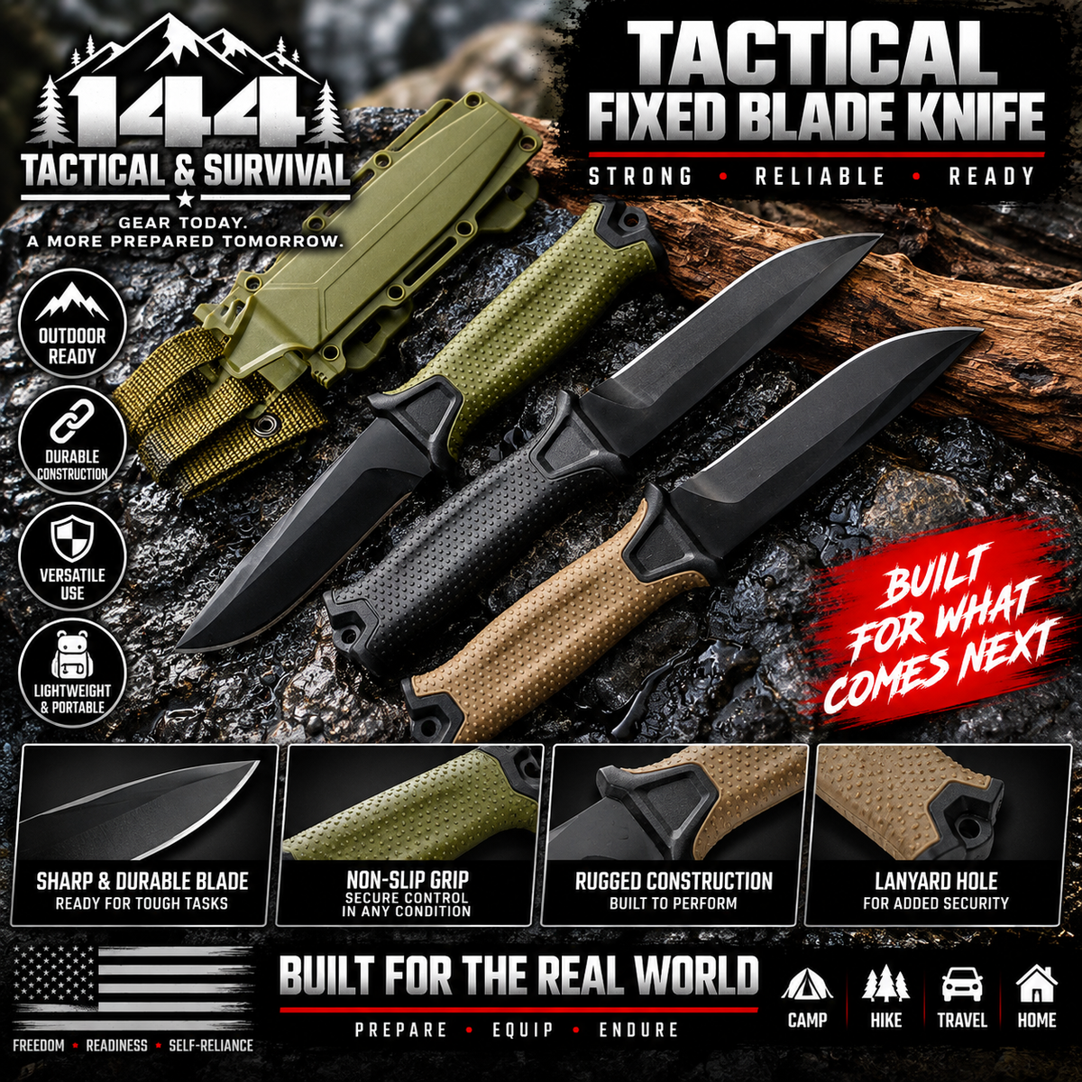 144 Tactical Fixed-Blade Survival Knife with Molle Sheath.