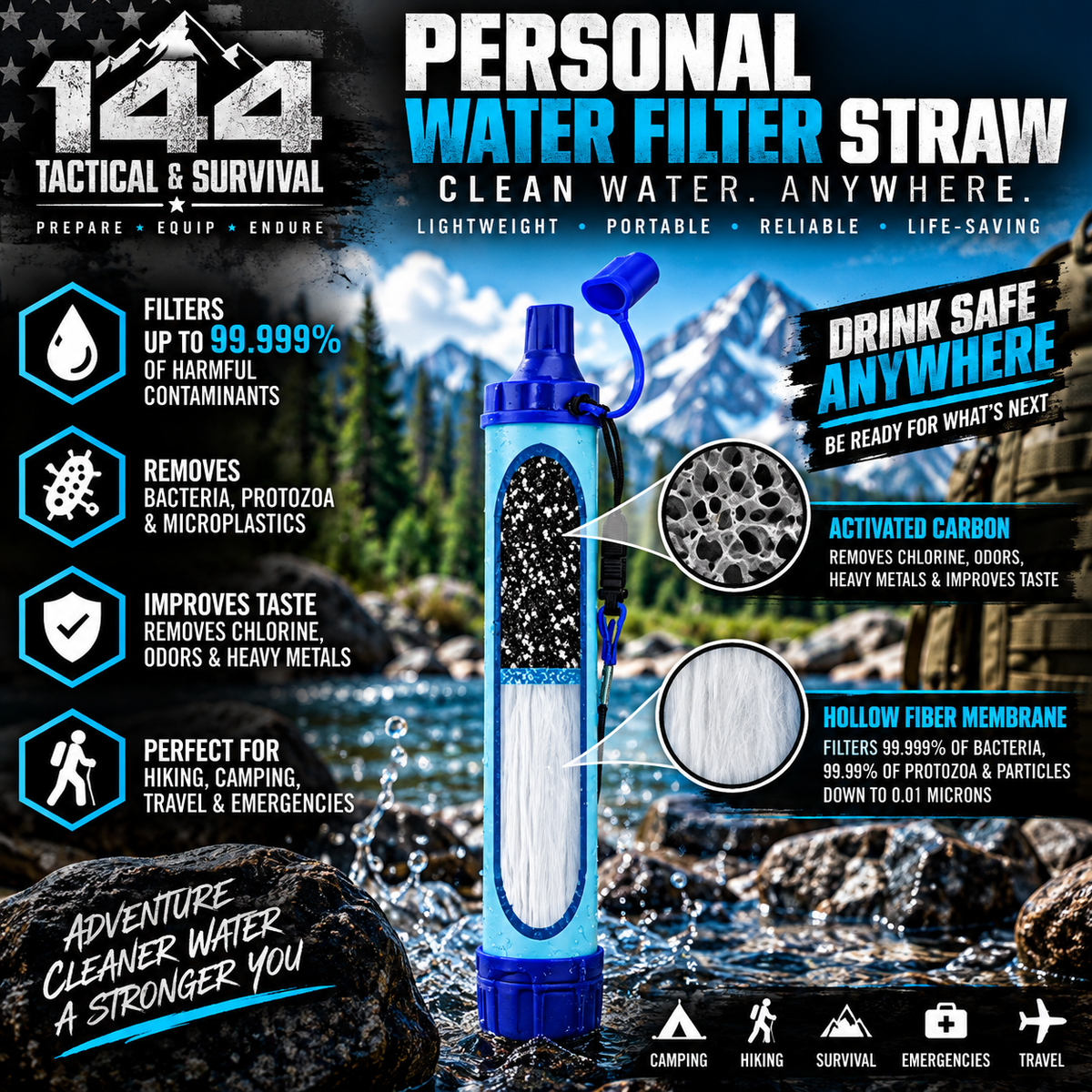 144 Tactical Personal Water Filter Straw – 4-Stage 0.01 Micron Emergency Water Filtration System