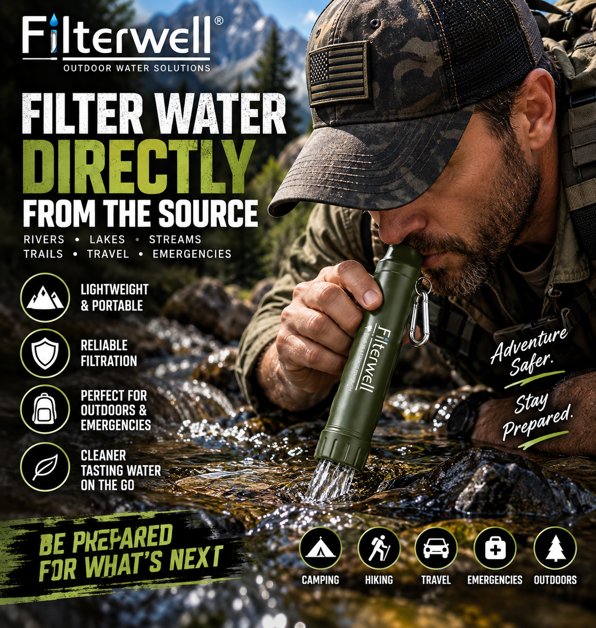 Filterwell Portable Water Filter Straw | Emergency & Survival Water Filtration System