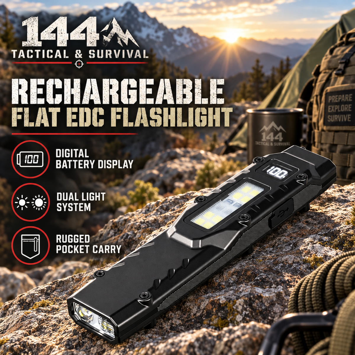 1100-Lumen Aluminum Alloy Ultra-Thin Rechargeable Flat EDC Tactical LED Flashlight, COB Work Light.