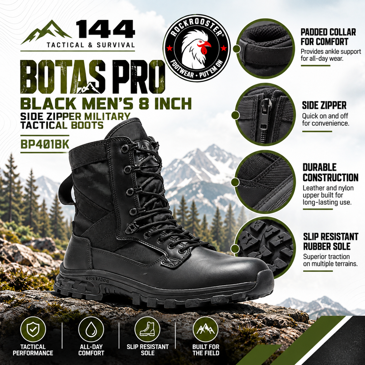 Botas Pro Black Men's 8 inch Side Zipper Military Tactical Boots BP401BK