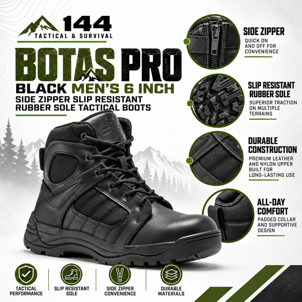 Botas Pro Black Men's 6 inch Side Zipper Rubber Sole Tactical Boots BMP111BK