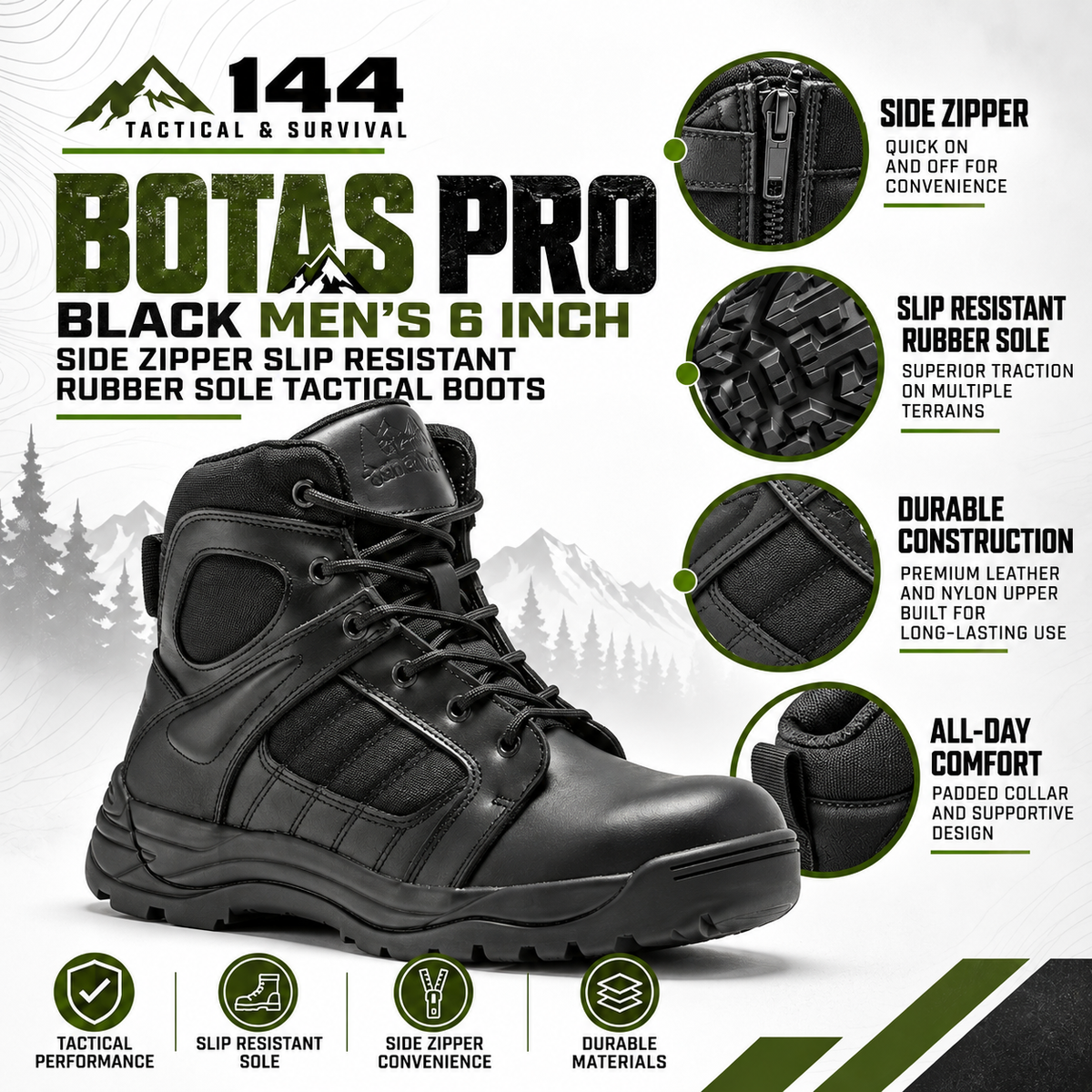 Botas Pro Black Men's 6 inch Side Zipper Rubber Sole Tactical Boots BMP111BK