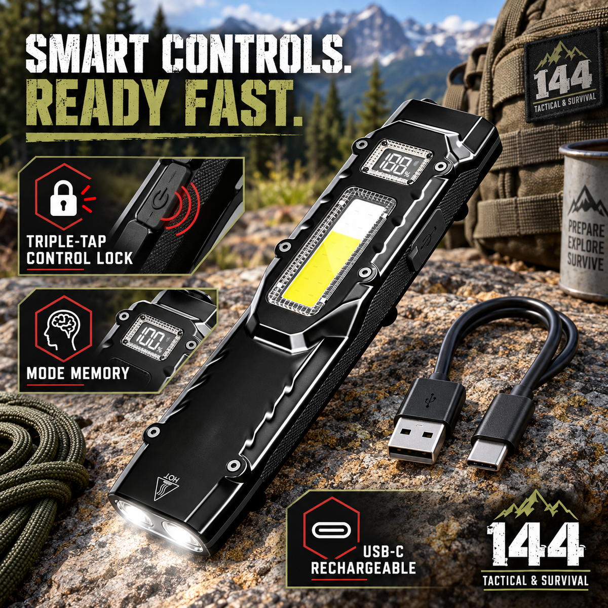 1100-Lumen Aluminum Alloy Ultra-Thin Rechargeable Flat EDC Tactical LED Flashlight, COB Work Light.