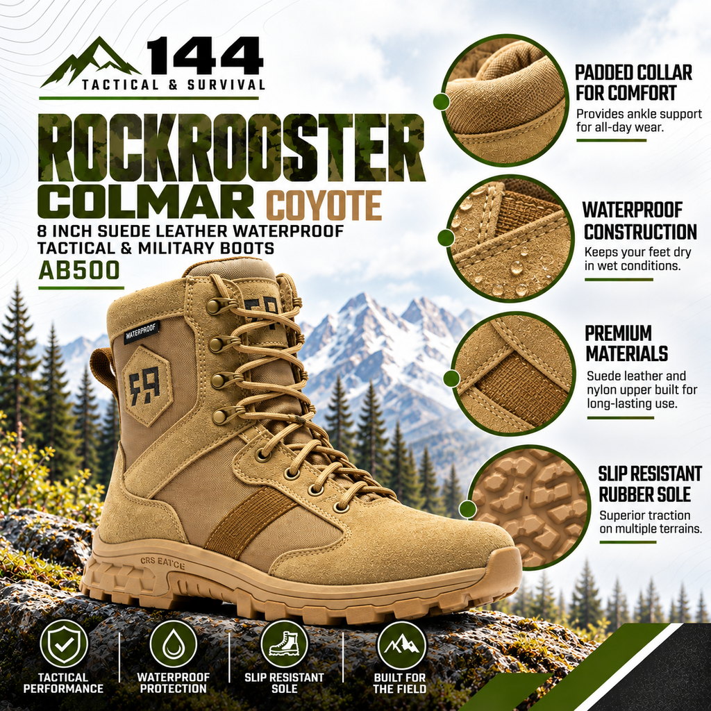 ROCKROOSTER Colmar Coyote 8 inch Suede Leather Waterproof Tactical & Military Boots AB500