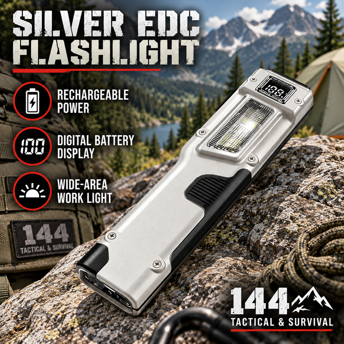 1100-Lumen Aluminum Alloy Ultra-Thin Rechargeable Flat EDC Tactical LED Flashlight, COB Work Light.