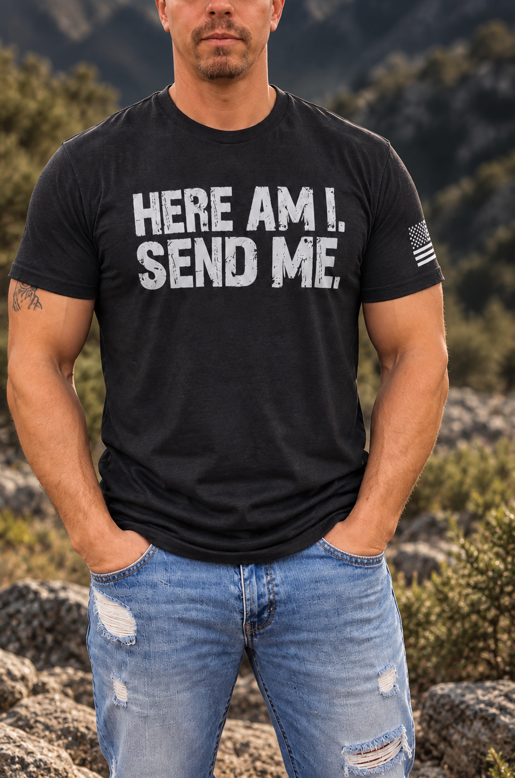 Classic Isaiah 6:8 "HERE AM I, SEND ME Tactical crew neck T-Shirt