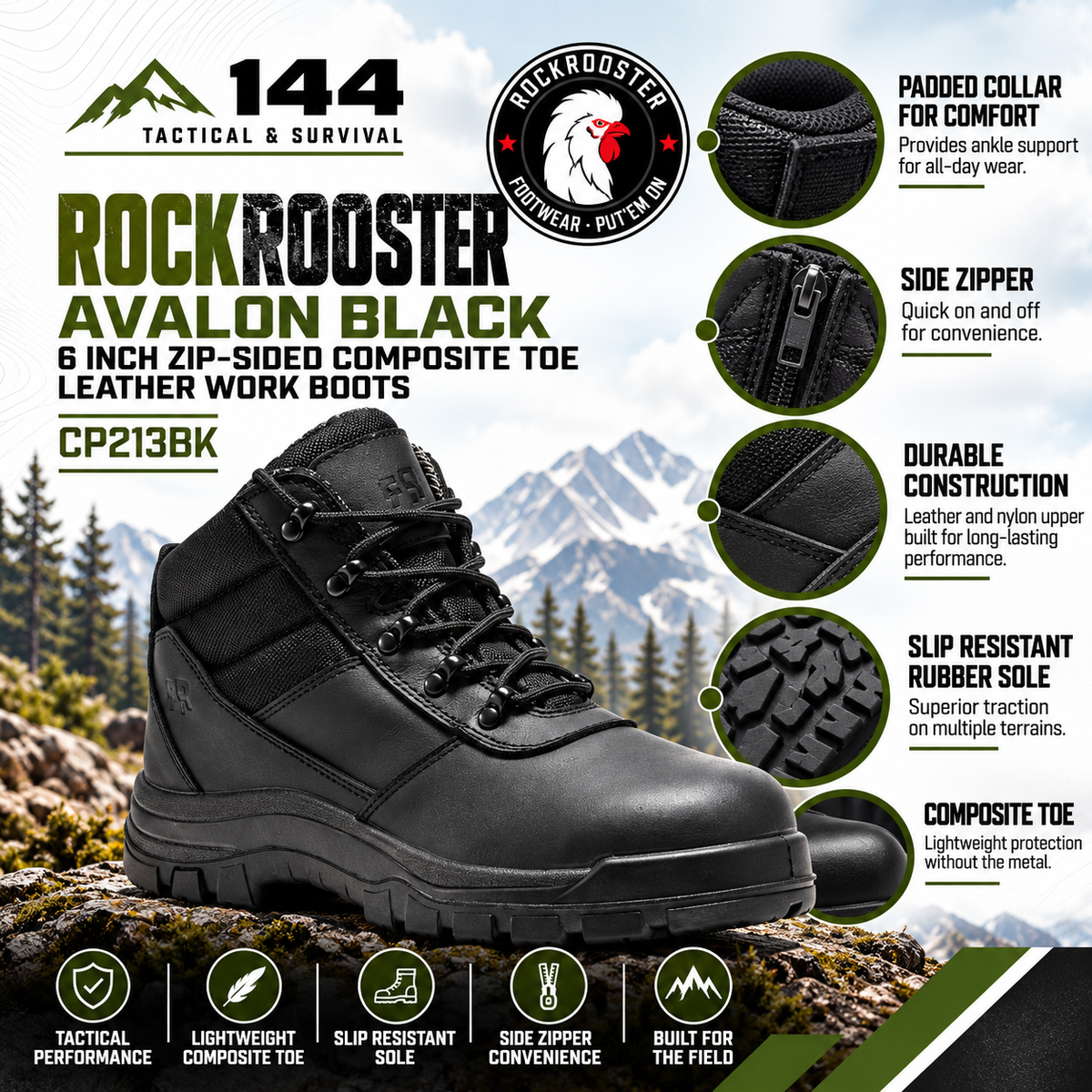 ROCKROOSTER Avalon Black 6 Inch Zip-sided Composite toe Leather Work Boots CP213BK