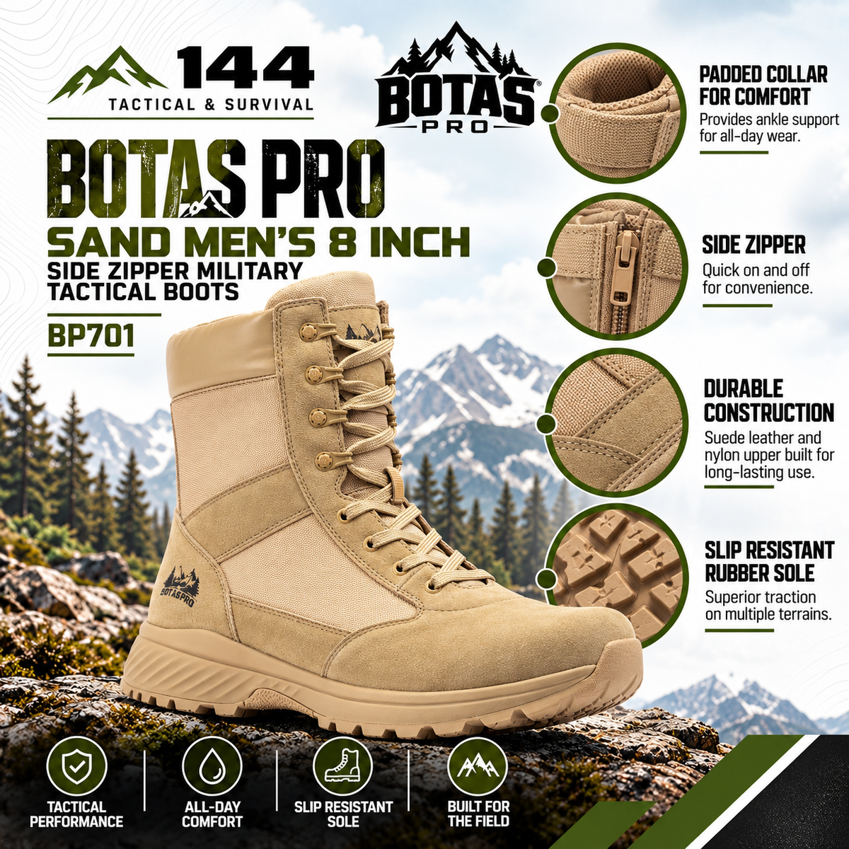Botas Pro Sand Men's 8 inch Side Zipper Military Tactical Boots BP701