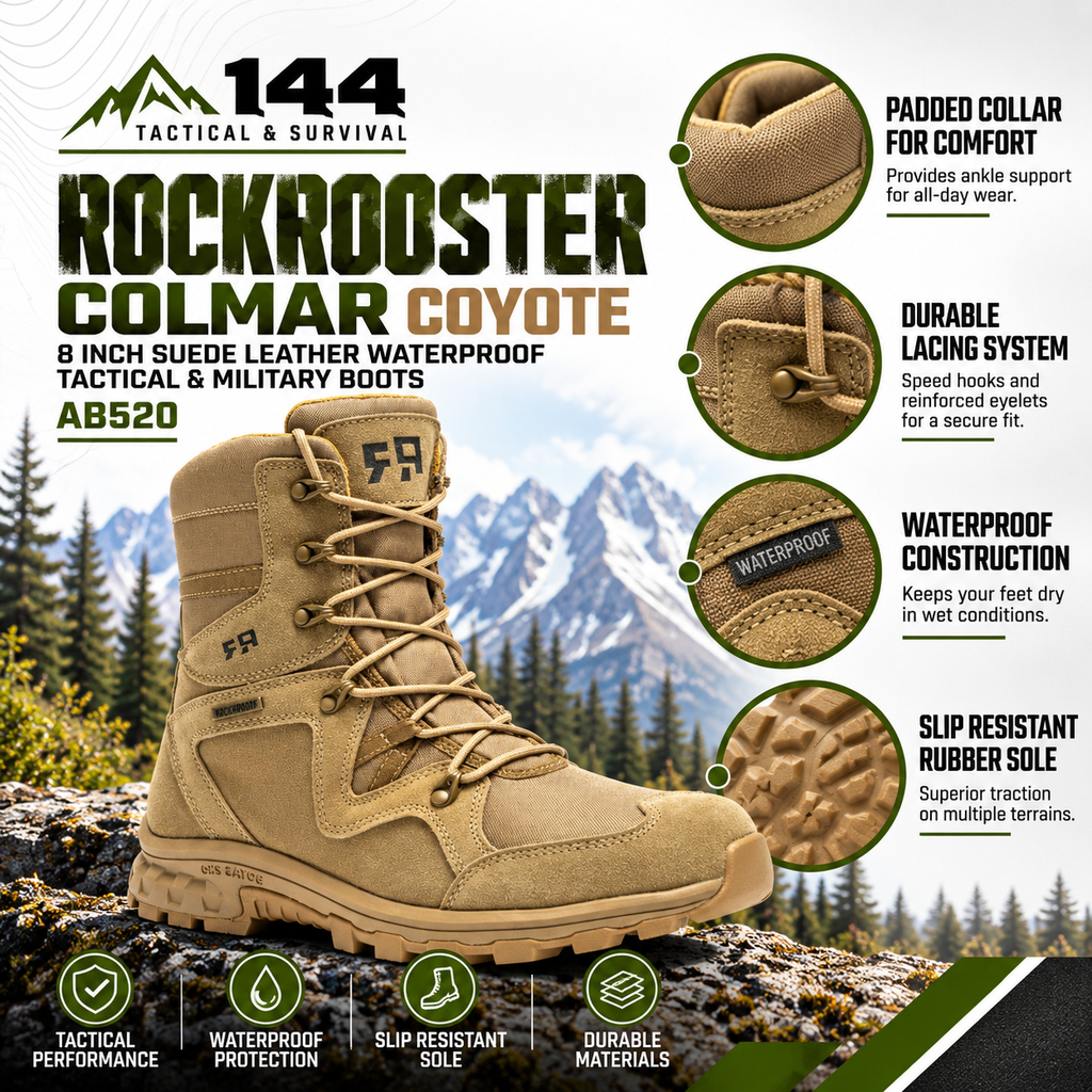 ROCKROOSTER Colmar Coyote 8 inch Suede Leather Waterproof Tactical & Military Boots AB520