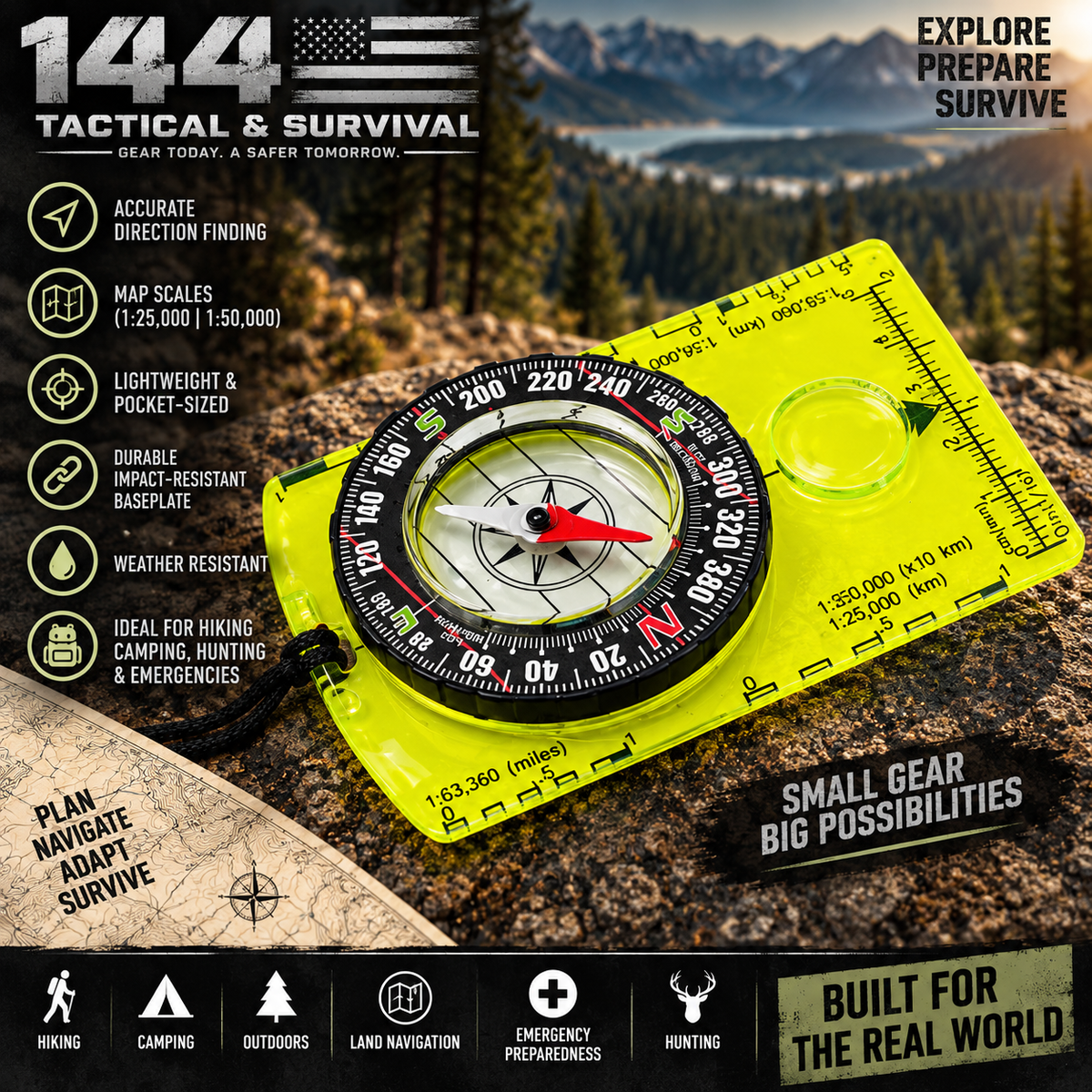 144 Tactical Professional Lensatic Compass with Clinometer