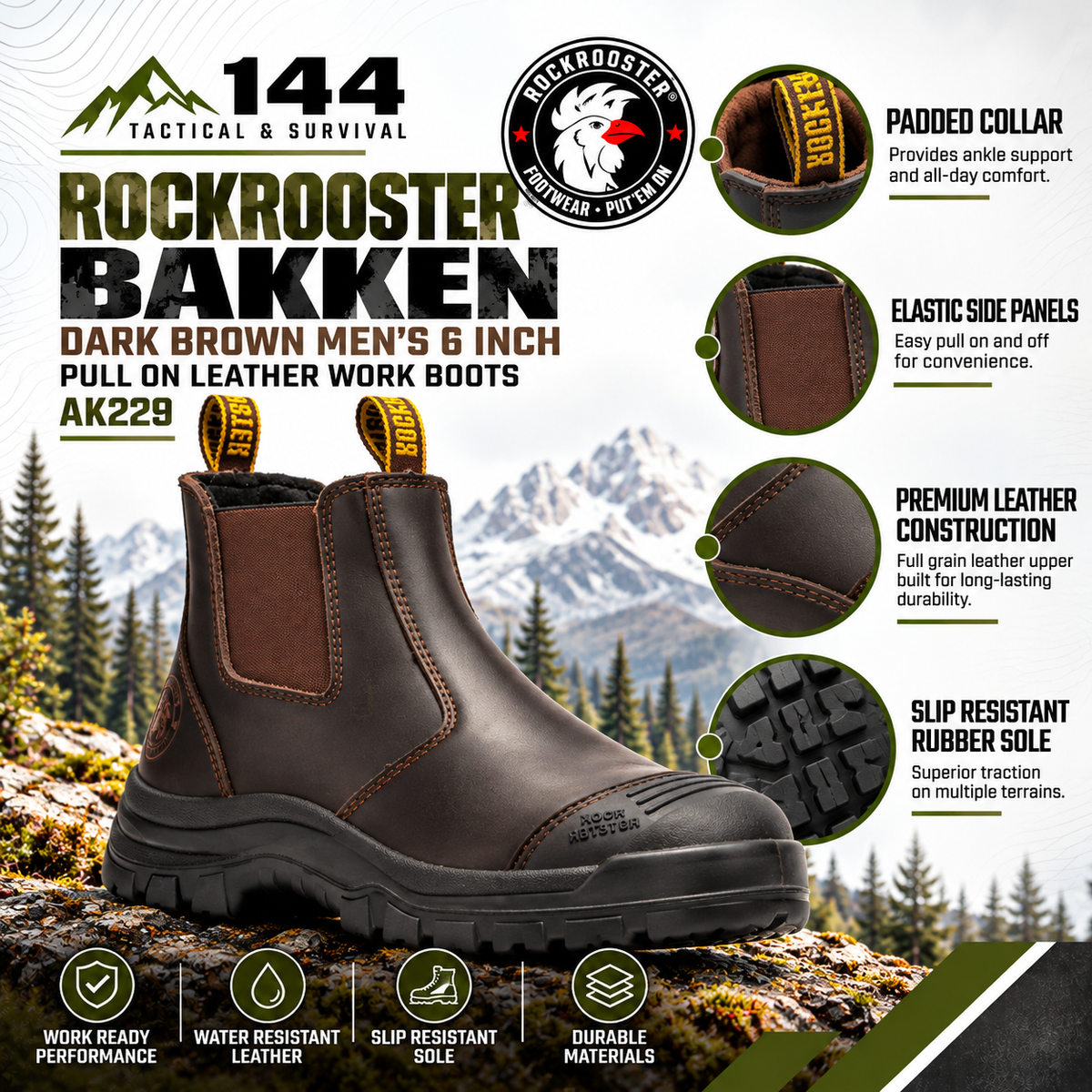 ROCKROOSTER Bakken Dark Brown 6 inch Pull on Leather Work Boots AK229