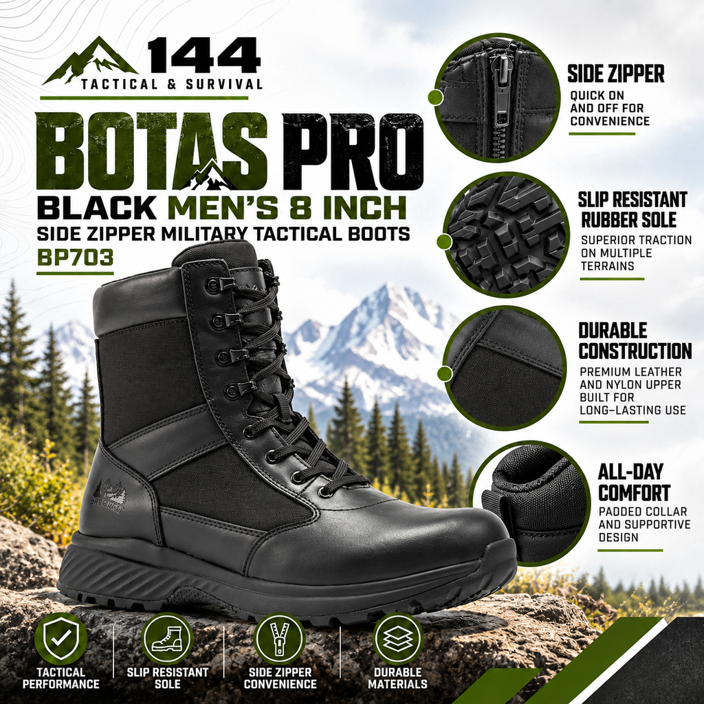 Botas Pro Black Men's 8 inch Side Zipper Military Tactical Boots BP703