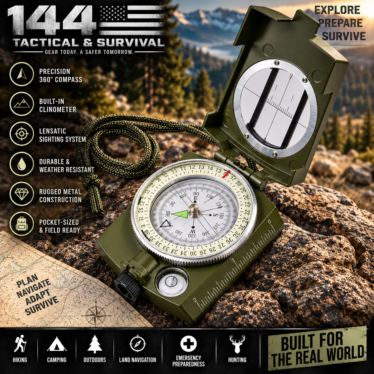 144 Tactical Professional Lensatic Compass with Clinometer