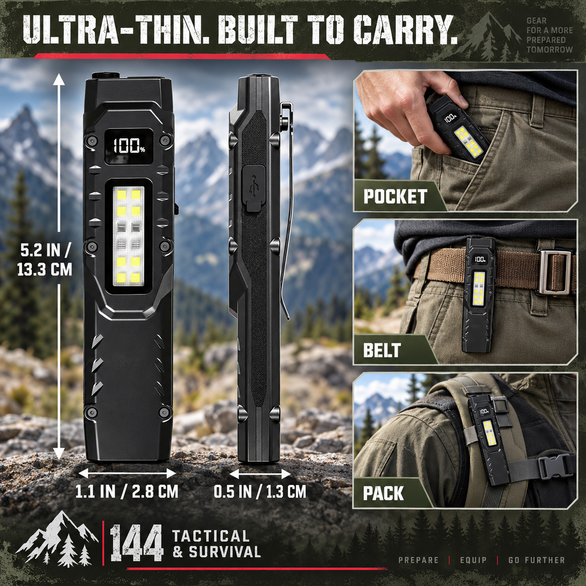1100-Lumen Aluminum Alloy Ultra-Thin Rechargeable Flat EDC Tactical LED Flashlight, COB Work Light.