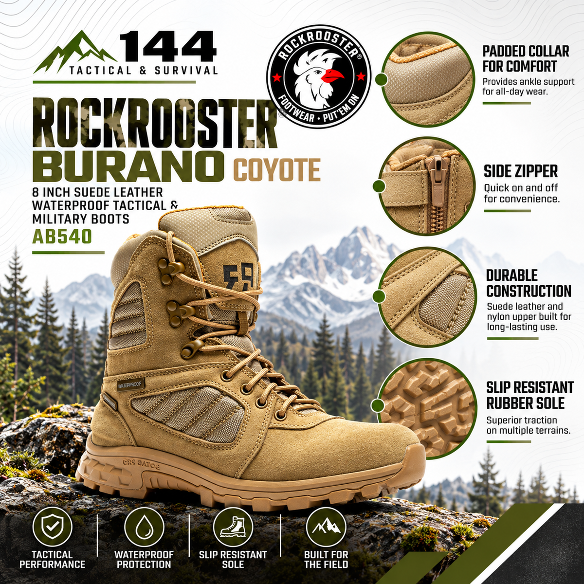 ROCKROOSTER Burano Coyote 8 inch Suede Leather Waterproof Tactical & Military Boots AB540